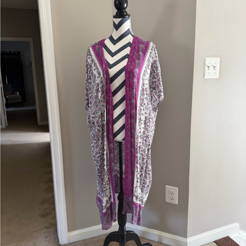 LOFT Floral Kimono Cardigan in Purple and White